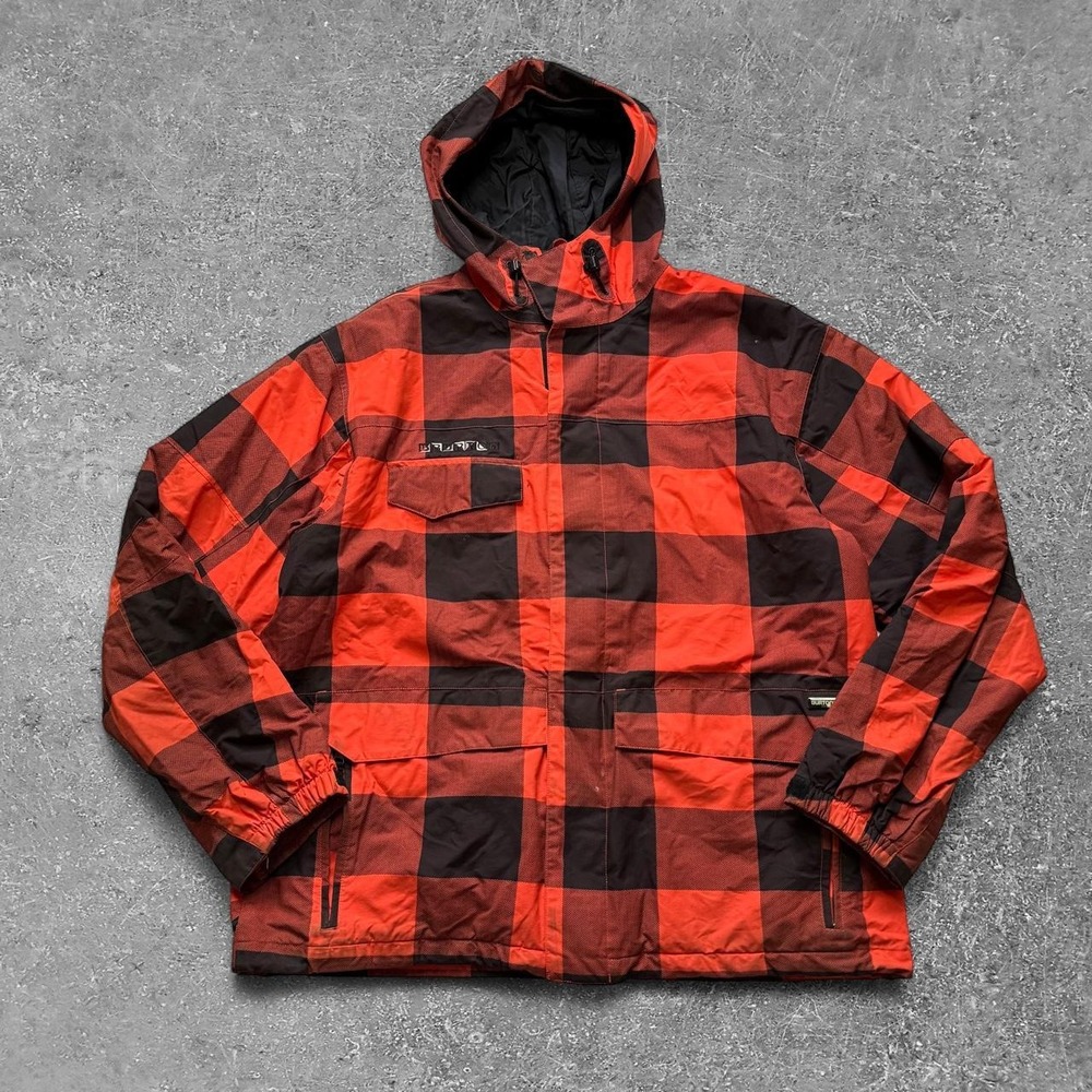 Burton Mens Snowboard Jacket XL Orange Black Checkered Buffalo Plaid Winter Coat